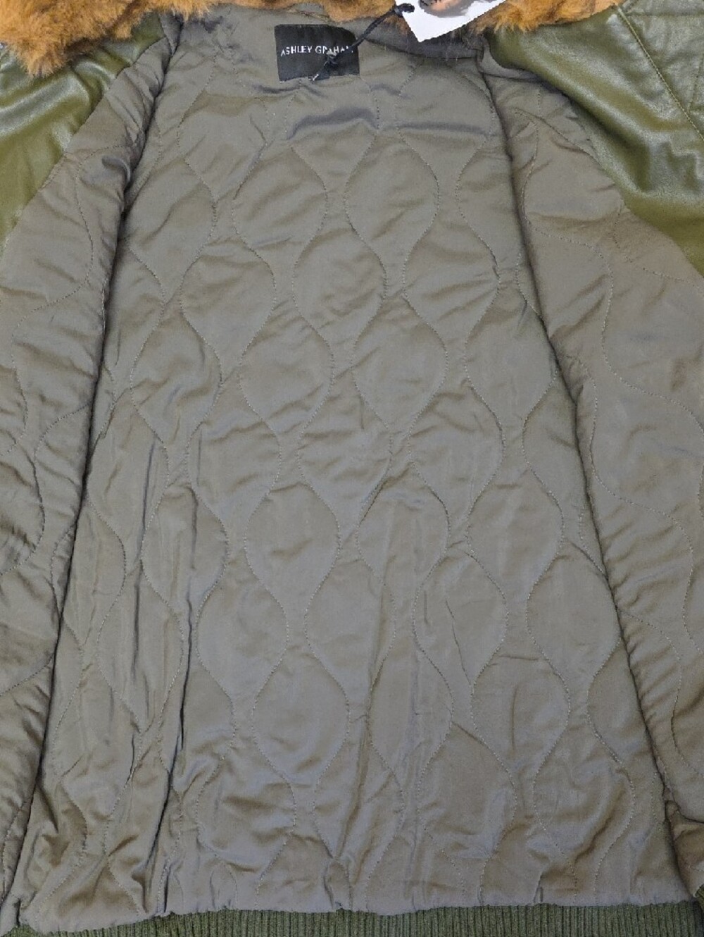 Ashley Graham Faux Leather Bomber Moto Jacket Fur Collar Olive Size 3X NEW - Picture 14 of 16